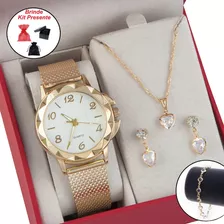 Relógio Feminino+ Kit Colar Brincos Pulseira Folheado A Ouro