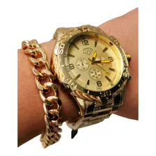 Relógios Masculino Com Caixa E Pulseira Dourada
