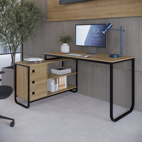 Mesa Escrivaninha De Canto Estilo Industrial Bege/oak/preto Oak/ Preto