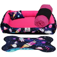 Kit Cama Casinha Caminha Pet Para Cachorro Lavável - Média Cor Foguete Pink