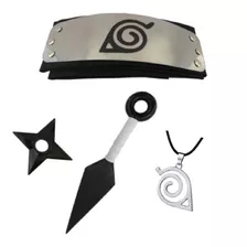 Kit Ninja Naruto Bandana + Colar +kunai 23,5cm+ Shuriken 9cm