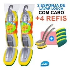 Kit 2 Esponja Bucha Multiuso Lavar Louça Com Cabo +4 Refis