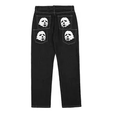 Jeans Casuales Hombre De Pierna Ancha Calavera Recta Negra