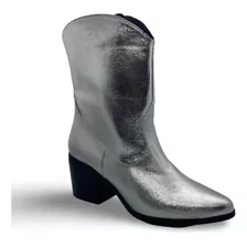 Bota Botin Plata De Moda Comoda Tipo Vaquera Para Mujer