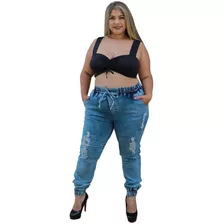 Calça Jeans Plus Size Jogger Feminina Com Lycra E Elastico