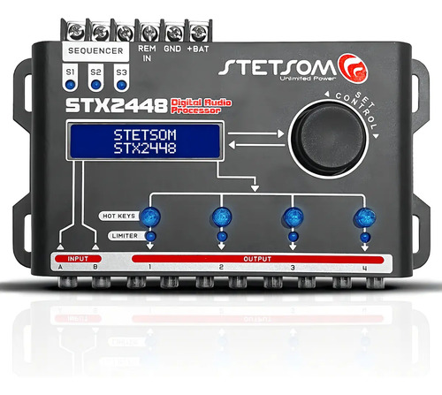 Processador De Áudio Digital Equalizador Crossover Automotivo Stetsom 2 Entradas 4 Saidas Stx2448 Mesa Regulagem Alta Precisão Frequência Controle Automação Profissional Projetos Som Áudio Carro 12v