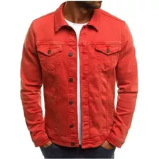 Chaqueta De Jeans Delgada For Hombre, Color Sólido, Rojo