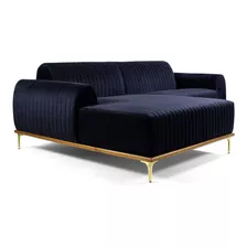 Sofá 3 Lugares Com Chaise Sala Molino Veludo Azul 230cm B287 Cor Azul-escuro Desenho Do Tecido Liso