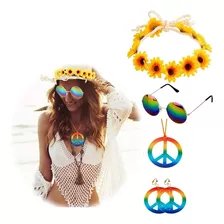 Kit Fantasia Hippie Anos 70 Óculos Brinco Colar Faixa Festa