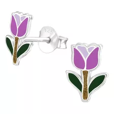 Aros Flor De Plata 925,tulipán Lila Esmaltado Niñas Y Mujer