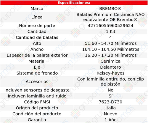 Balatas Delanteras Cermicas Plymouth Neon 98 Al 01 Brembo Foto 3