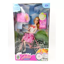 Boneca Articulada Ciclista Com Bicicleta Acessórios Vestido