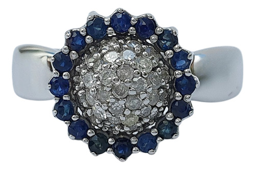 Anel Chuveiro Flor De Diamantes E Safiras Azuis Ouro 18k 750 Branco 20