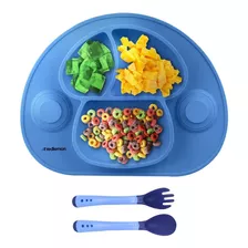 Redlemon Plato Para Bebé Antiderrapante Y Adherible, De Silicón Con Divisiones Para Alimentos, Con Ventosas De Succión, Fácil De Limpiar, Libre De Bpa, Incluye Cubiertos Sensibles Al Calor, Azul