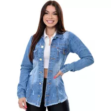 Max Jaqueta Jeans Feminina Barra Desfiada - Azul Claro