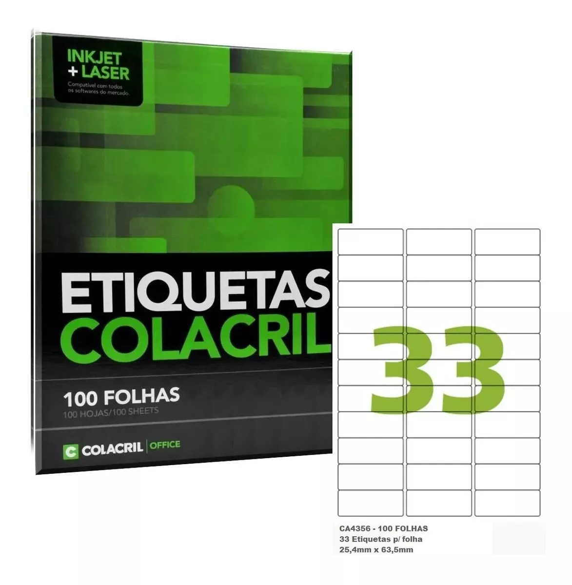 100 Folhas Etiquetas Colacril A4 - Ca4356 (33 Etiq./folha)
