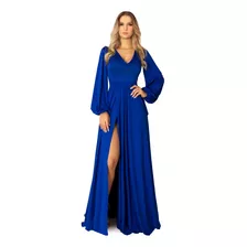 Vestido Longo Com Fenda, Manga Bufante Ox017