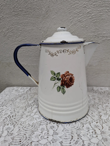 Cafetera Peltre Antigua Vintage Con Rosas Decoración — imagen 1