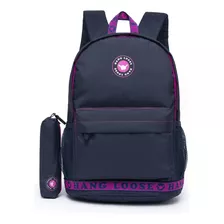 Mochila Reforçada Hang Loose Escolar Faculdade Impermeável Cor Azul-escuro/rosa Desenho Do Tecido Liso