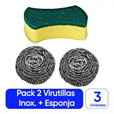 Set 2 Virutillas Inox Cocina + 1 Esponja Loza De Calidad