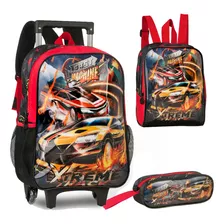 Kit Mochila Carrinho Infantil Conjunto Escolar Fast Machine 