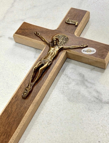 Cruz Crucifixo De Madeira Metal Medalha São Bento 23cm Lindo