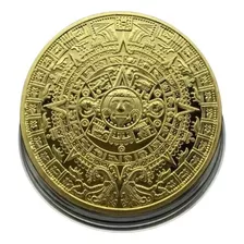 Moneda Mistica. Calendario Azteca Profecía Maya. Dorada.