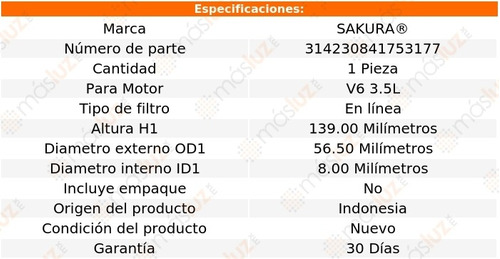 (1) Filtro Combustible Acura Slx 6 Cil 3.5l 98/99 Sakura Foto 2