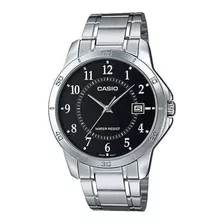 Reloj De Pulsera Casio Enticer Mtp-v004 De Cuerpo Color Plata, Analógico, Para Hombre, Fondo Negro, Con Correa De Acero Inoxidable Color Plata, Agujas Color Plata, Dial Blanco, Minutero/segundero Blan