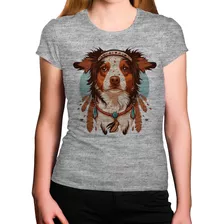 Camiseta Feminina Cinza Cachorro Indio Apache Penas