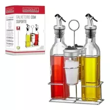 Galheteiro Vidro Vinagre Azeite Sal Suporte 5 Peças Inox