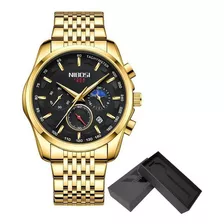 Relojes De Pulsera Nibosi Chronograph Moon Phase Para Hombre Color Del Fondo Gold/black