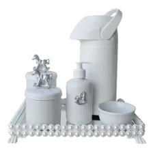 Kit Higiene Bebê Porcelana Pote Algodão Térmica K023 Cavalo