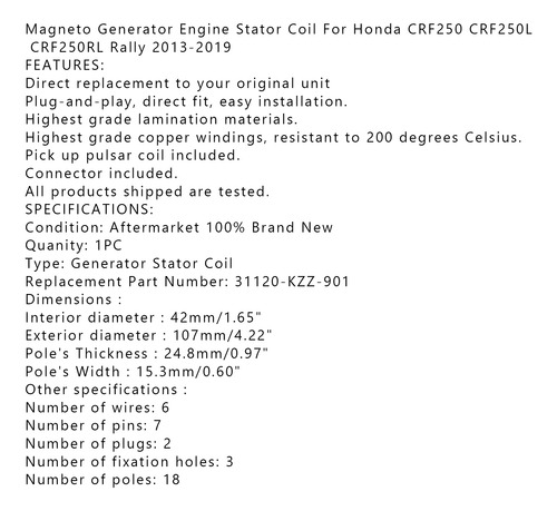 Estator Para Honda Crf250l La Rl Rla 13-19 Foto 8