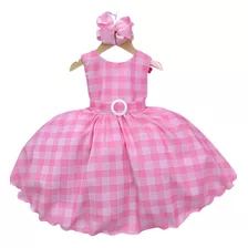 Vestido Infantil Barbie Rosa Xadrez Branco Cinto C/ Fivela