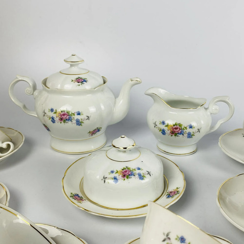 Jogo Chá Porcelana Real Floral Dourado 15 Peças Vintage Branco Florido 2