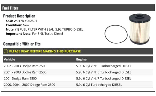Filtro De Combustible - Compatible Con Dodge Ram 2500 5.9l T Foto 2