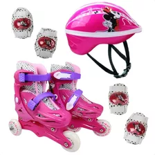 Patins + Kit De Proteção Infantil Feminino Minnie Rosa 31/34