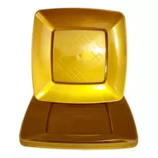 100 Pratos Acrílico Quadrado Sobremesa 15cm Dourado Ouro