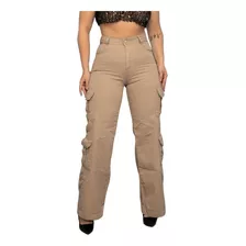 Calça Feminina Wide Leg Pantalona Cargo 100% Jeans Tendência