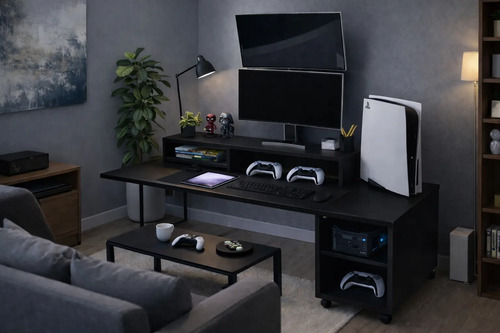 Mesa Suporte Gabinete Com Rodízio + Suporte Monitor Preto 1m Preto