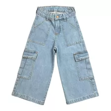 Calça Jeans Infantil Wid Leg Cargo Lançamento Moda Blogger