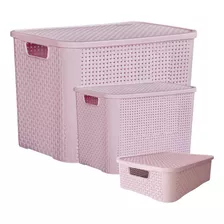 Kit 3 Caixas Rattan Organizadora 70, 25 E 10 Litros C/ Tampa Cor Rosa