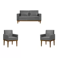 Kit Sofá Living Valência 2 Lugares + 2 Poltronas Velud Cinza Desenho Do Tecido Liso