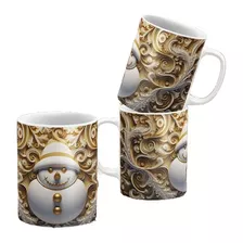 Caneca De Porcelana Boneco De Neve Branco/dourado 