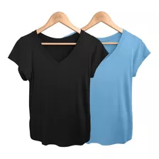 Kit 2 Blusa Camiseta Feminina Gola V Babylook Básica Lisa