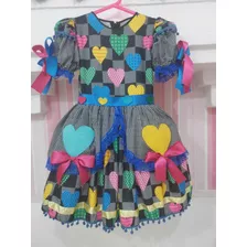 Vestido Infantil Coração Azul De Quadrilha - Festa Junina