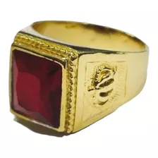 Anillo Sello Corona Plata 925 Piedra Cubic Roja Bañado Oro