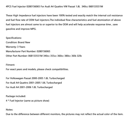 4 Inyectores De Combustible Para Audi A4 Quattro Vw Passat Foto 3