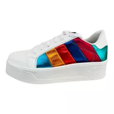 Tenis Sneakers De Plataforma Blancos Con Colores Arcoiris